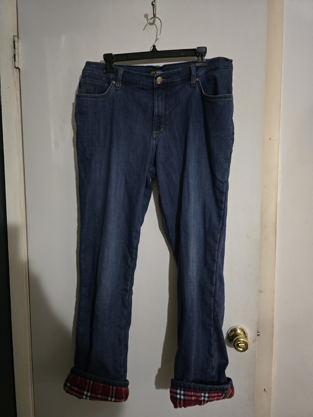 Lee Women's Boot-Cut Jeans in Dark Blue Cozy Flannel Lined Plaid Cuff Or No